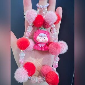 Adorable Pink and Red Pom-Pom keychain